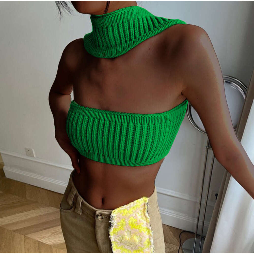 popular European American women's sexy vacation hanging neck, rabbit veet knitted sweater, strapless vest top, 2025 new style, chic and elegant c