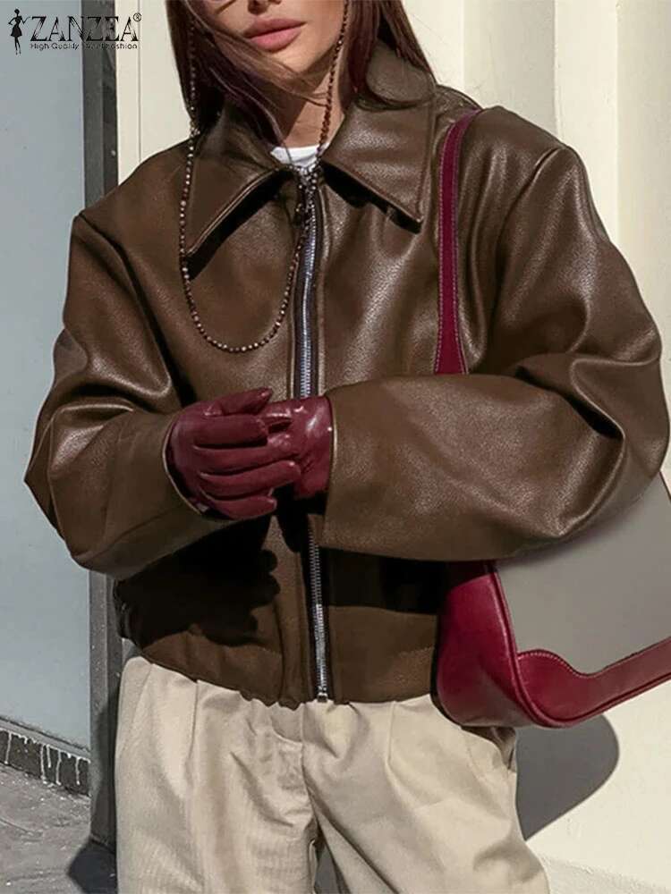 ZANZEA American Retro Women's PU Leather Jackets 2025 Trend Loose Casual Long Sleeve Zip-Up Coats Streetwear Solid Outerwear
