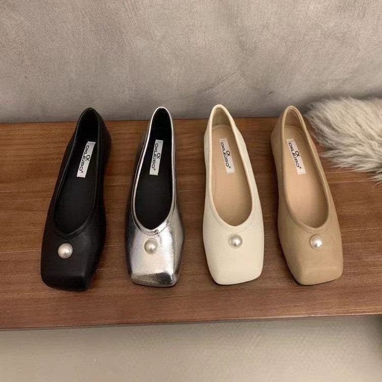 Women Casual Shoes Flat Bottom Square Toe Design Sense Pearl Fashion Versatile Triple Black Beige Apricot Silver Free shipping