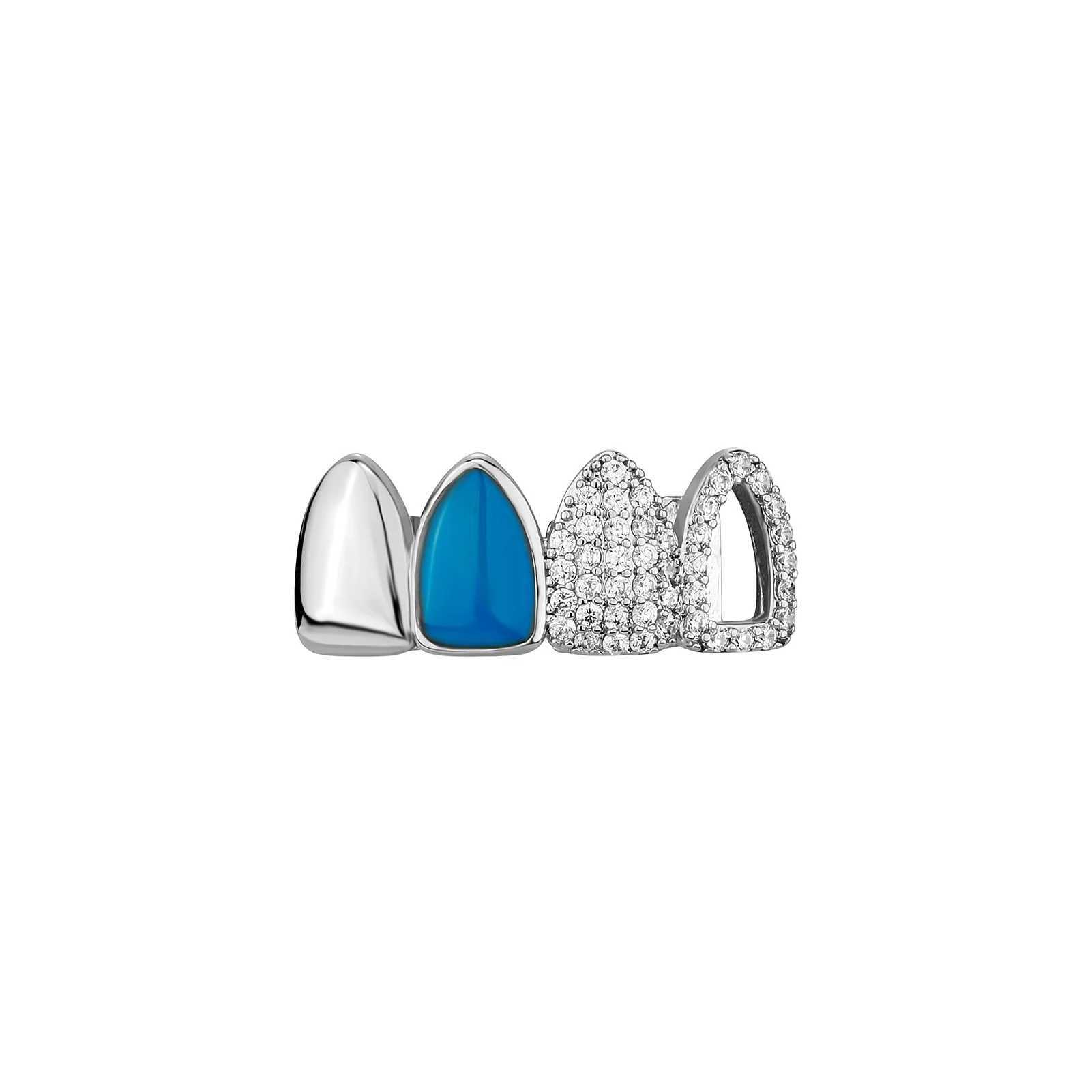 Hip Hop Double Blue Drip Oil Hollow Zircon Teeth Grillz 14K Gold Plated CZ Stone Tooth Caps For Women Men Couple JewelryXJ250114