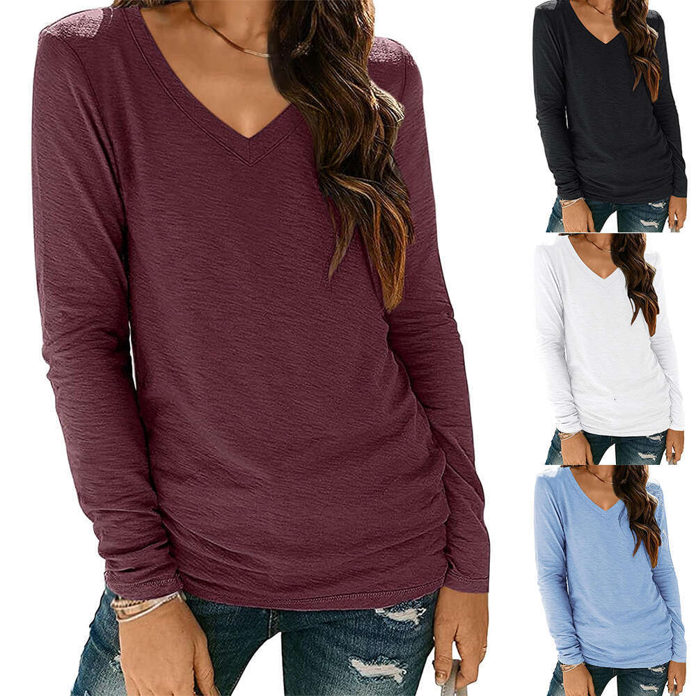 European American V-neck long sleeved women's solid color top T-shirt, 2025 new style, chic and elegant clothing