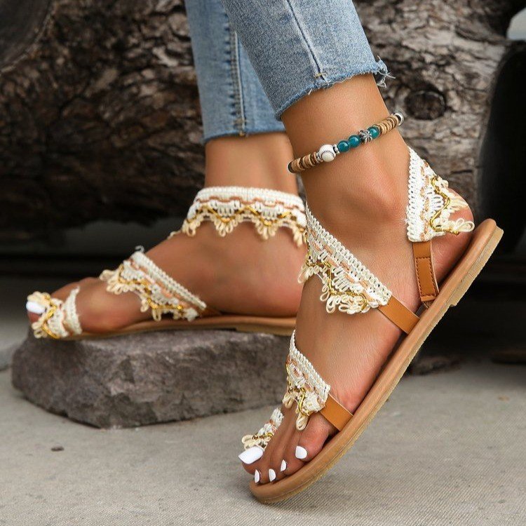 Plus-size cross-border set toe flat sandals 2025 new boho style flower holiday style foreign trade beach sandals