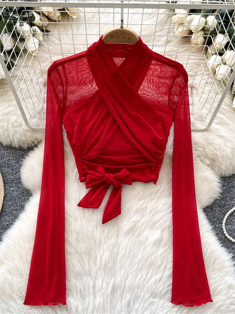 Sexy Bow Design Tops Long Sleeve Halter Shirt Streetwear 2025 Spring Newest Solid Mesh Criss-Cross Sheer Basics Blouse