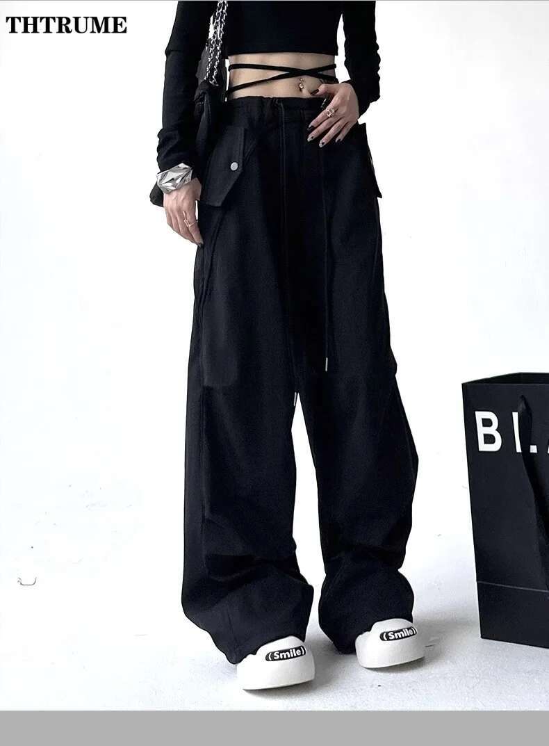 Retro Spring Summer Baggy Pants Fashion Women Loose Drawstring Vintage America Wide Leg Pant Streetwear Y2k New Cargo Trousers