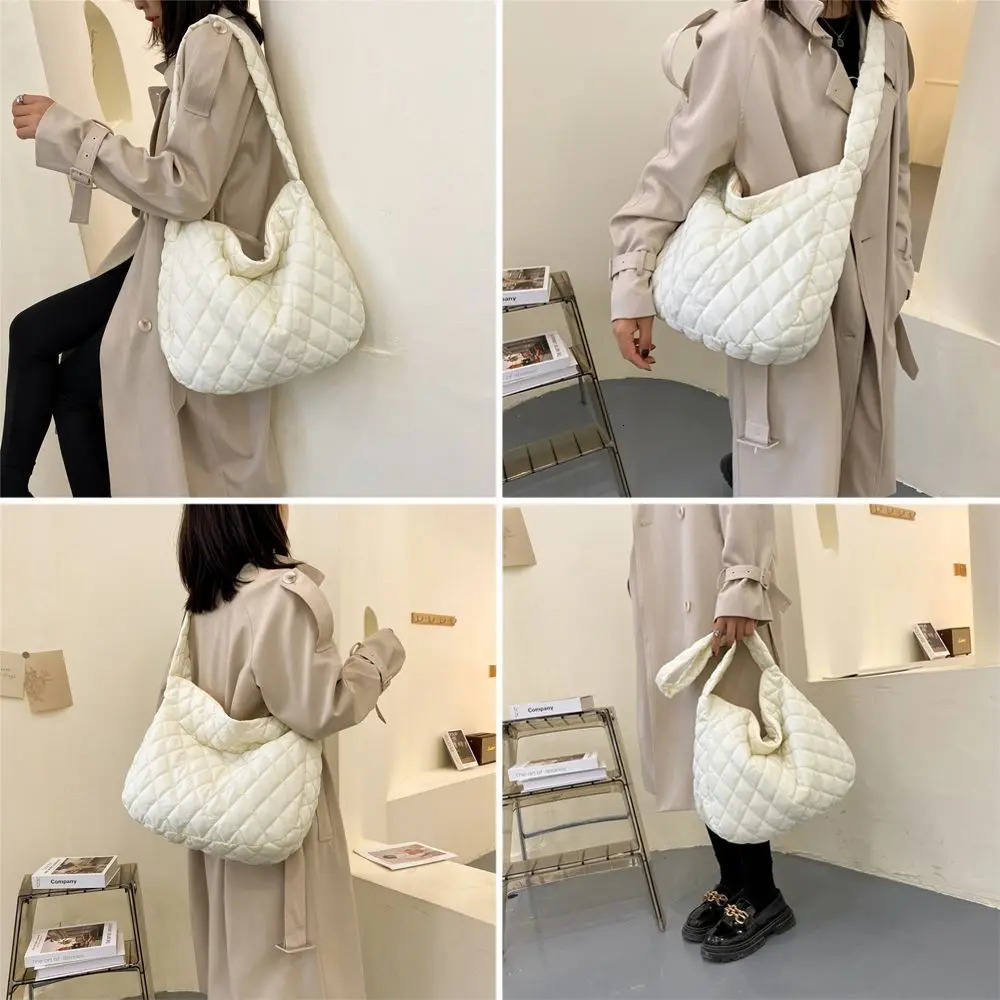 Large Capacity Quilted Tote Bag Lightweight Winter Warm Down Cotton Padded Plaid Shoulder Bags Women Underarm Bags Puffy Handbag 250113