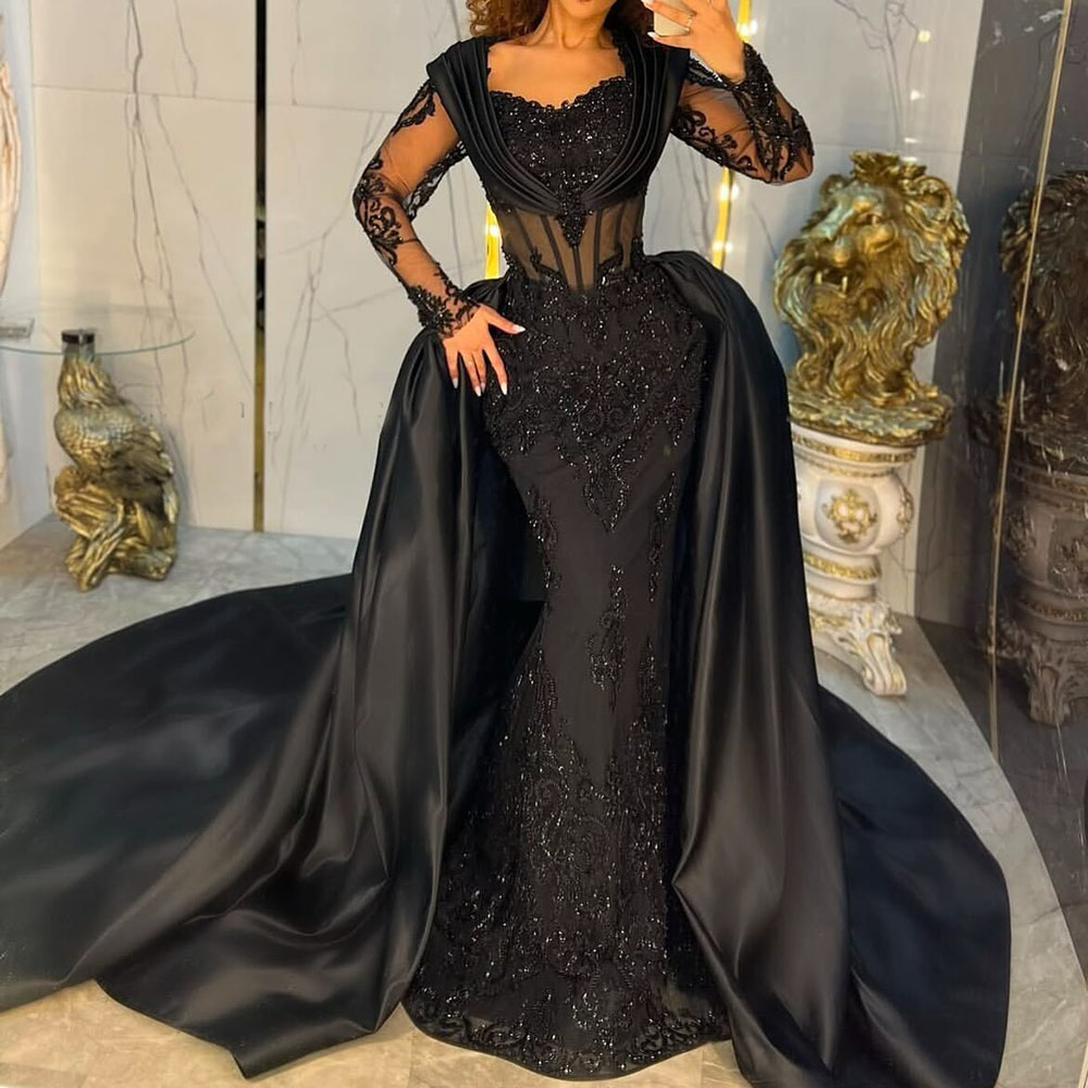 Black Mermaid Evening Dresses With Detachable Train Prom Gowns Lace Sequin Special Occasion Party Dress Long Sleeves