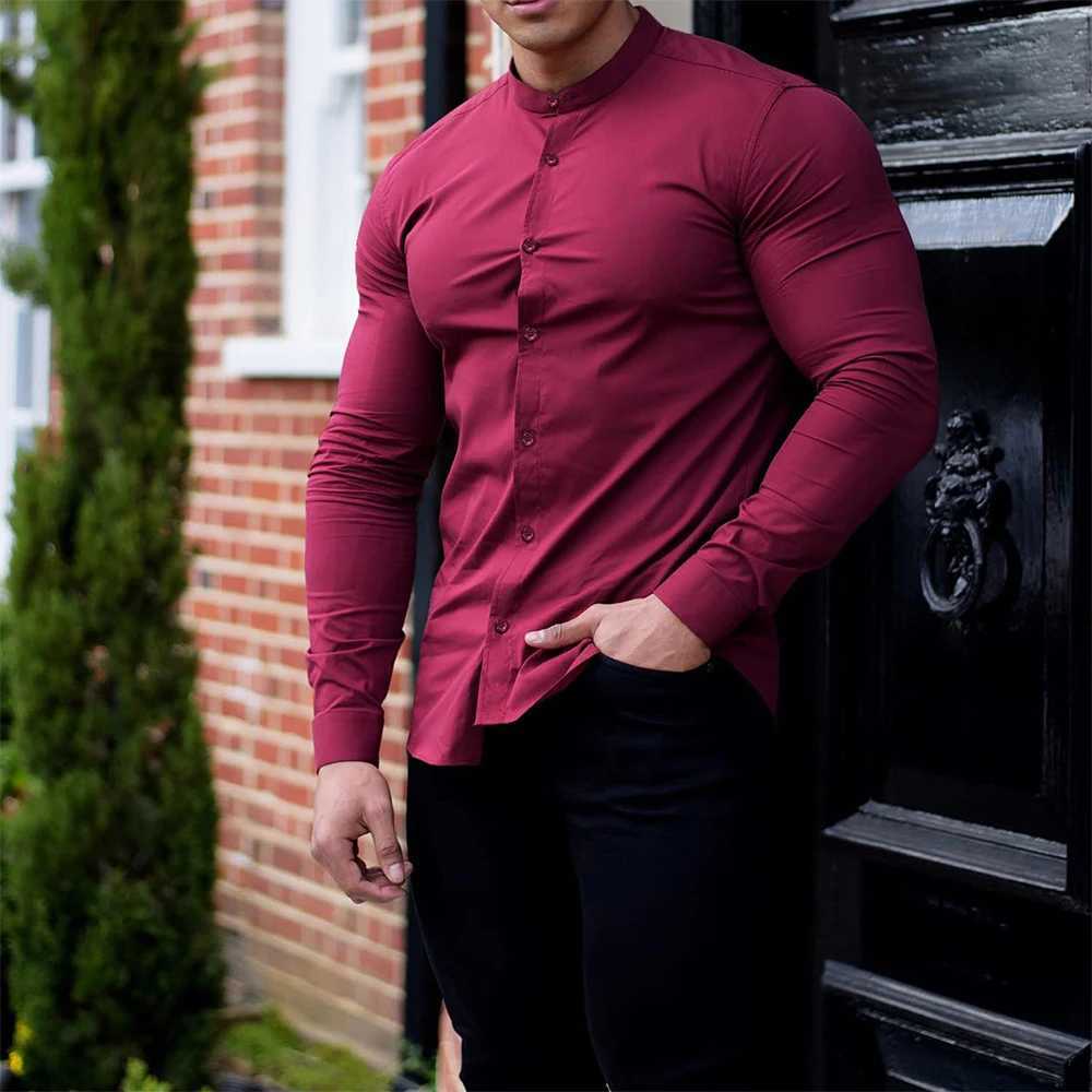 New Men Fashion Social Business Dress Shirt Solid Slim Fit Stretch Long Sleeve Casual Button Down Blouse Men Fitness Sports Top W250118