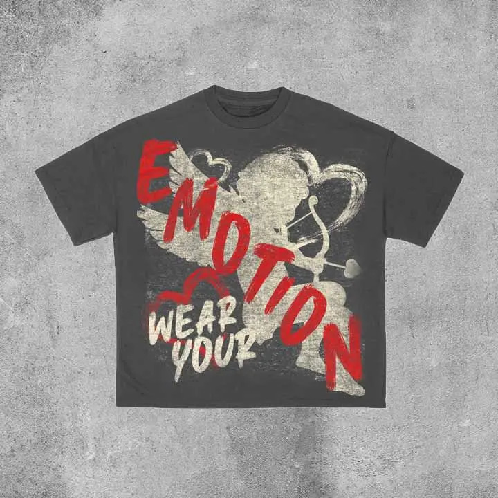 Vintage Emotion Angle Graphic 100% Cotton Short Sleeve T-Shirt Men Y2K Summer Short Sleeves Oversize Tshirt Streetwear Women Top 250117