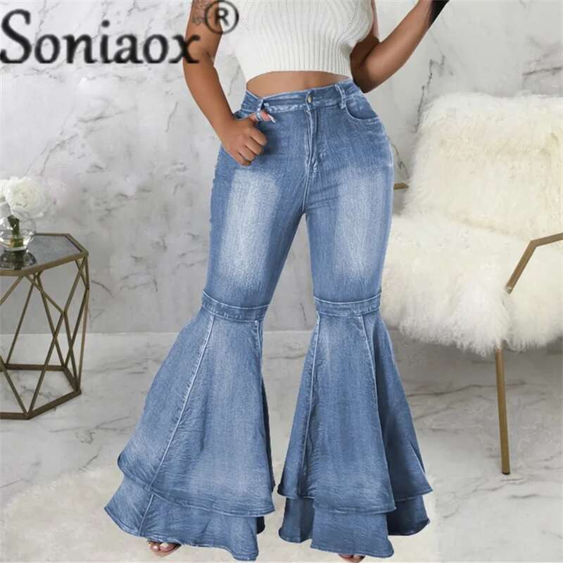 Fashion Splicing Layers Flared Jeans Women High Waist Comfortable Commuter Denim Pants Female Casual Stretch Wide Leg Trousers