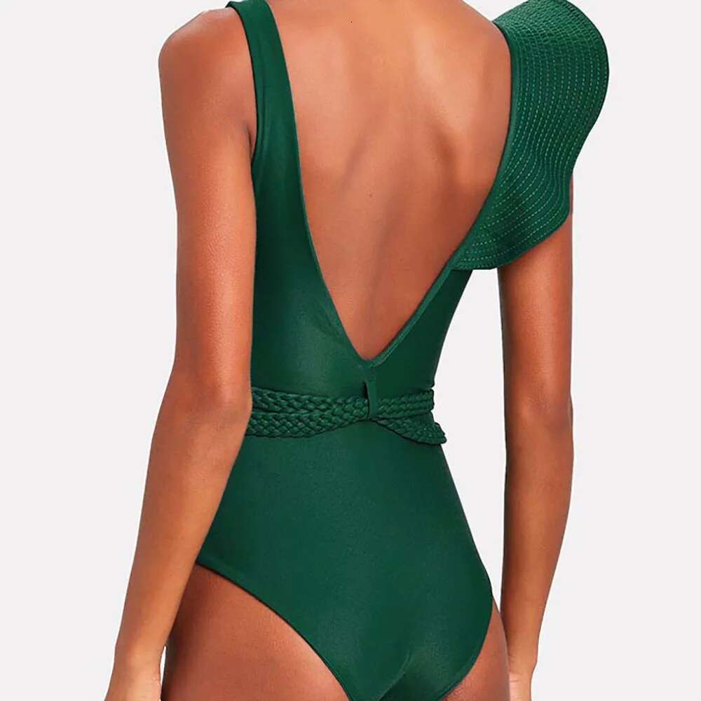 2025 New Sexy Ruffle Solid Black Piece Strappy One Shoulder Swimwear Women Swimsuit Bathing Suit Backless Beach Wear Monkini