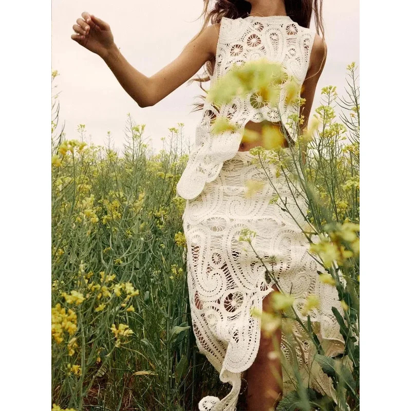 Beautiful fashionable crocheted asymmetrical womens dress chic O-neck sleeveless top short lining tight fitting womens fashion 250110