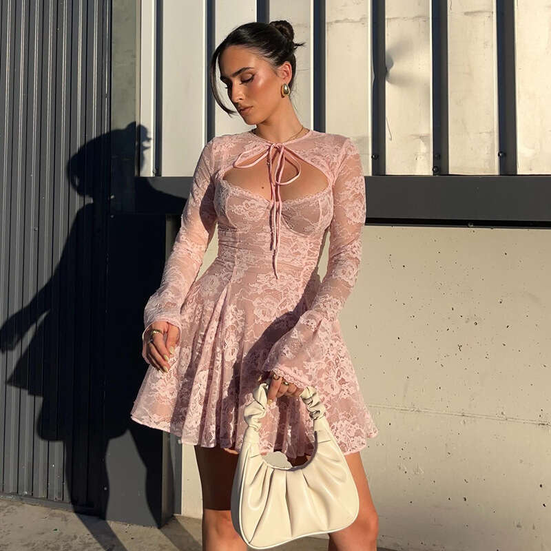 European American Autumn Product Fashionable and Sexy Lace Pink Shoulder Trumpet Sleeve Strap Short Skirt Set for Women's 2025 Temperament Versat