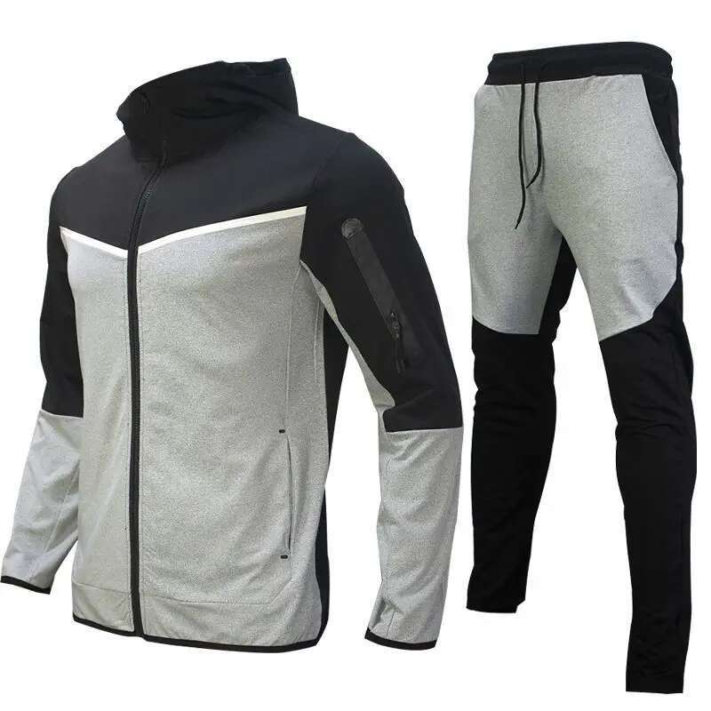 Men's Autumn-Winter Full Set With Hood Sports Jacket ,Sweatshirt Long Sleeves Pants Color-Blocked Open Cardigan Tighthoodie Suit