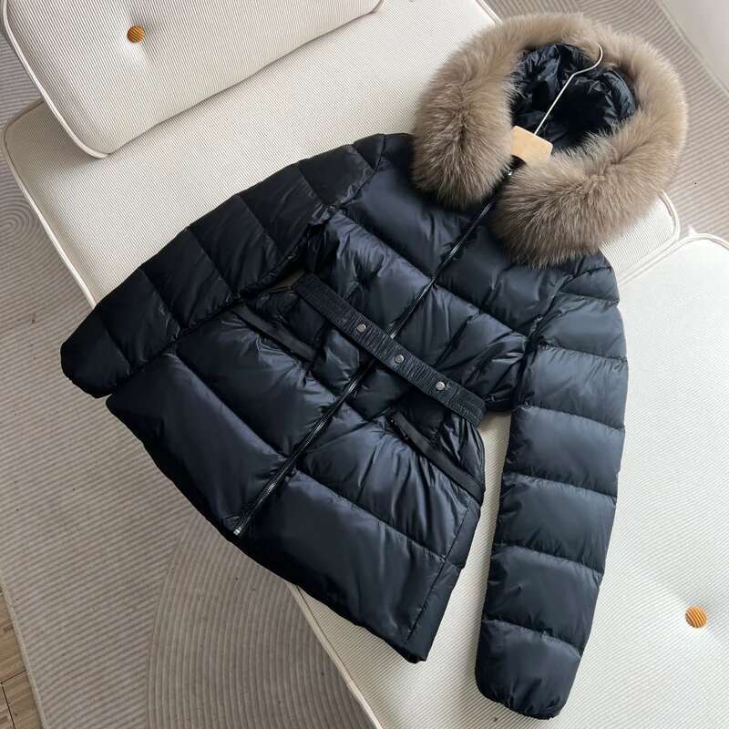 Janveny 2024 New Winter Hooded Short Large Fox Fur Feather Neck Duck Down Coat Women Waist Slim Fit Puffer Lightweight Jackets