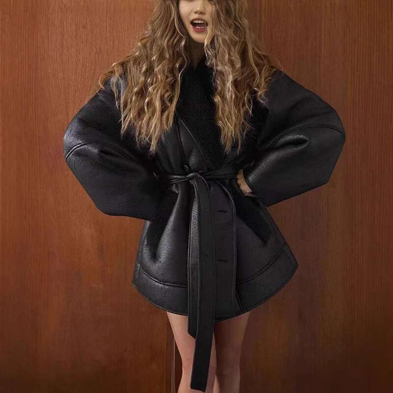 TARUXY Fashion Cashmere Leather Women's Coat Lapel Fur Collar Belted Jacket Loose High Street Outwear Long Sleeve Female Coats