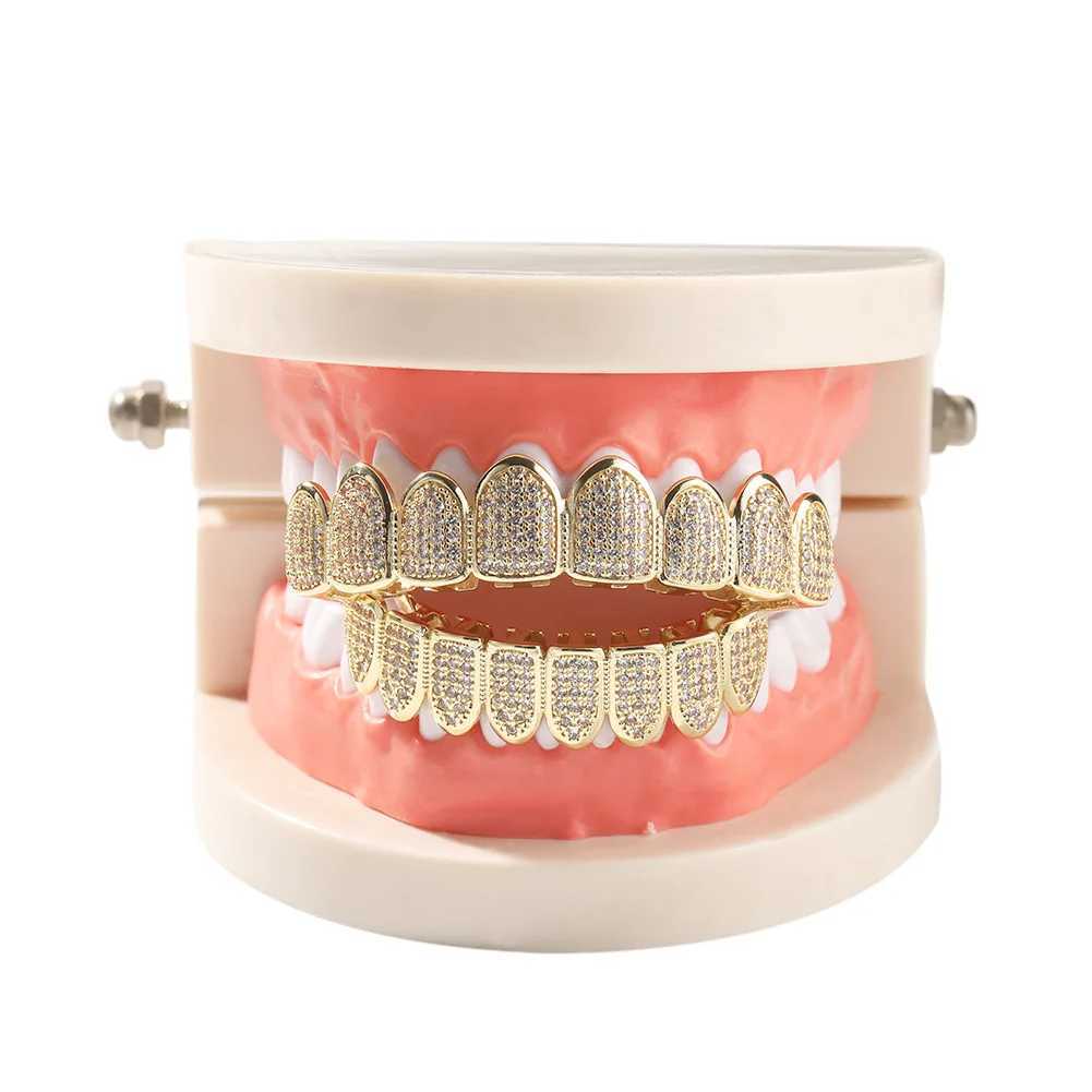 New 8 Up Down Iced Out Teeth Grillz Hip Hop Top Bottom Grills Dental Mouth Punk Teeth Caps Cosplay Party TG122XJ250114
