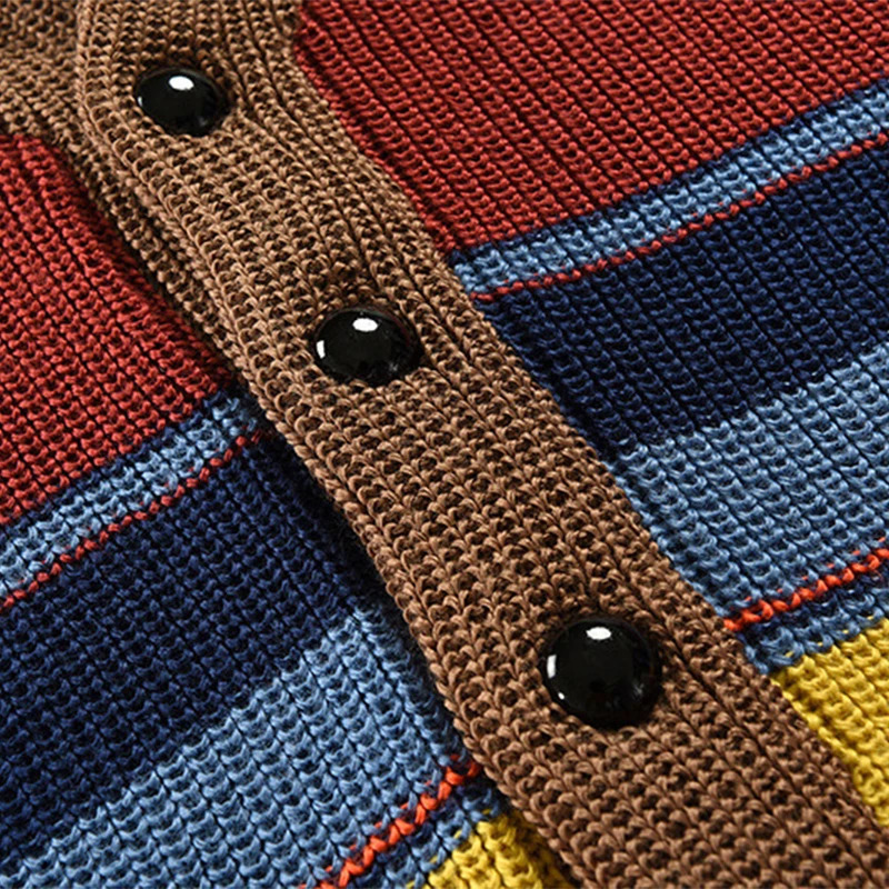 Trendy Mens Knitted Cardigans 2025 Spring Casual Button-up Lapel Sweatercoats Men Vintage Rainbow Striped Sweater Jacket Coats 250113