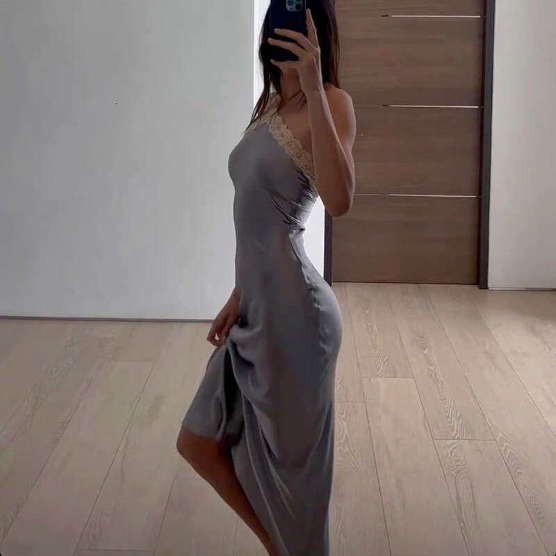 European American Ins2025 spring women's Kendou same backless one shoulder hanging neck lace edge dress 2025 new style chic and elegant clothing