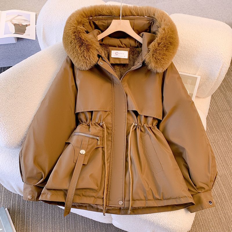 Women's Stylish Large Fur Collar Drawstring Waist And Veet Parka Jacket