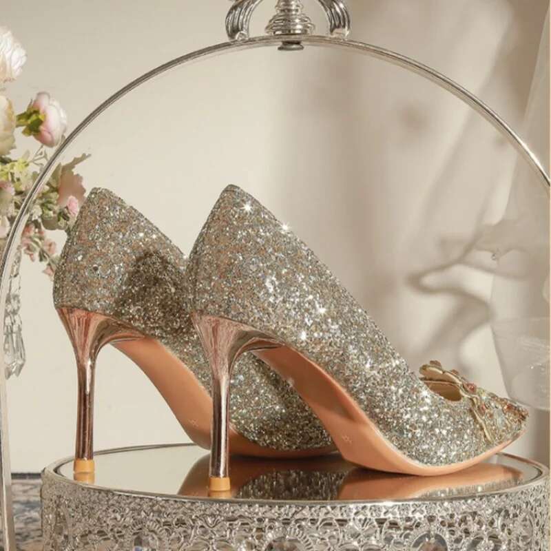 Gold Wedding Women's 2024 New Bride Dress Shoes Fashion Sequin Crystal High Heels