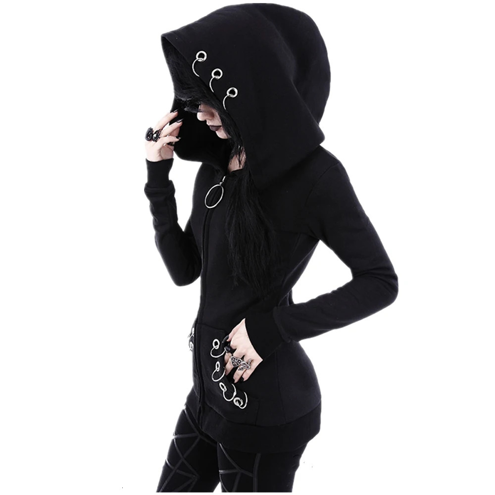 XUANSHOW Women Hoodies Gothic Punk Iron Ring Sweatshirts Autumn Winter Long Sleeve Zipup Black Jacket Zipper Ladies Coat 250114