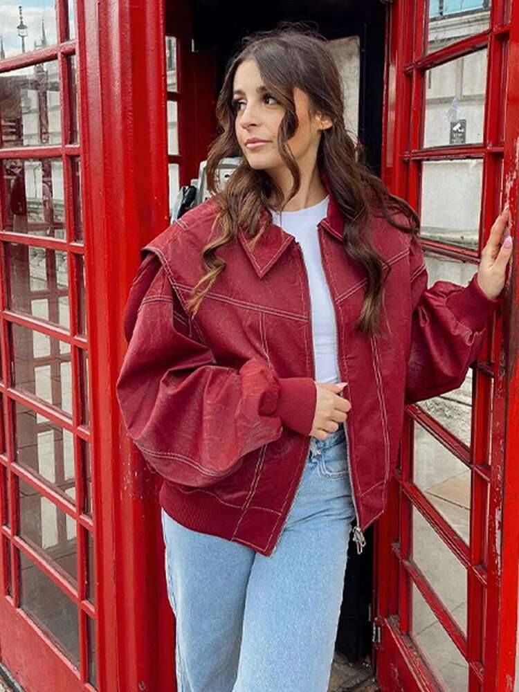 Fashion Lapel Long Sleeve Bomber Coats For Women Vintage Red Zipper Leather Jacket 2024 Autumn Winter Lady Street Casual Outwear