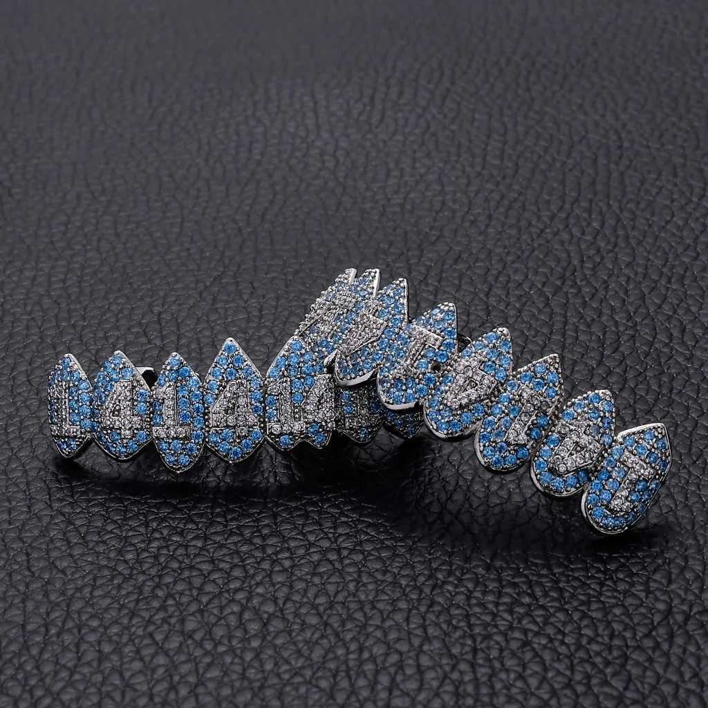 Hip Hop Blue Stones Iced Out CZ Teeth Grillz Caps Cubic Zircon Iced Out Micro Pave Top Bottom Charm Grills For Men Women JewelryXJ250114