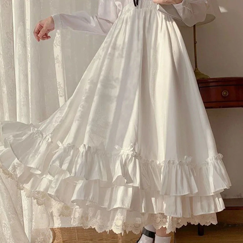 Japanese ruffles pleated skirt woman sweet high waist loose Anklelength skirts women college style black patchwork Aline 250108