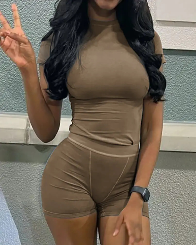 Casual Workout Two Piece Outfits for Women Fitted Crew Neck T-shirt High Waist pants Matching Sets Streetwear 250113