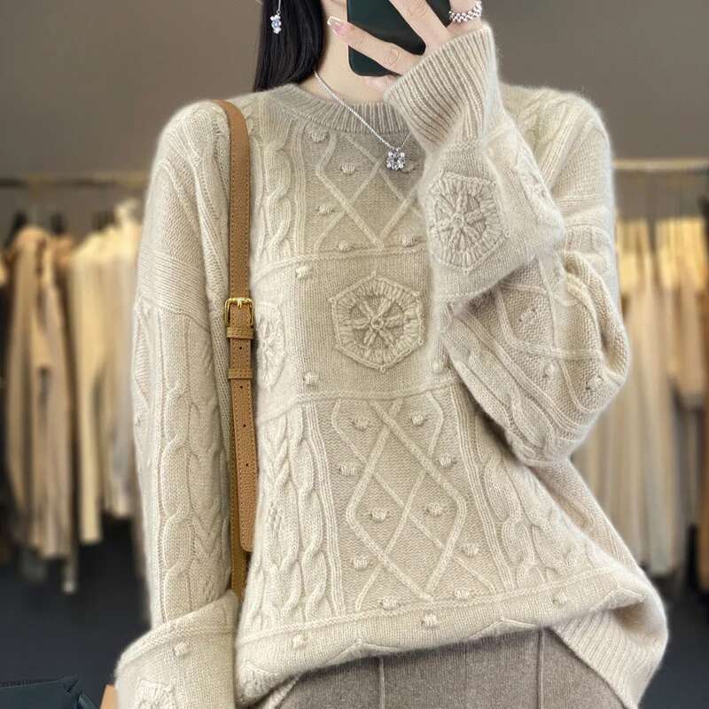 Autumn Winter New Round Neck Embroidered Knitted Women's Pullover Loose Casual All-Match Bottoming Sweater Ladies Jumpe
