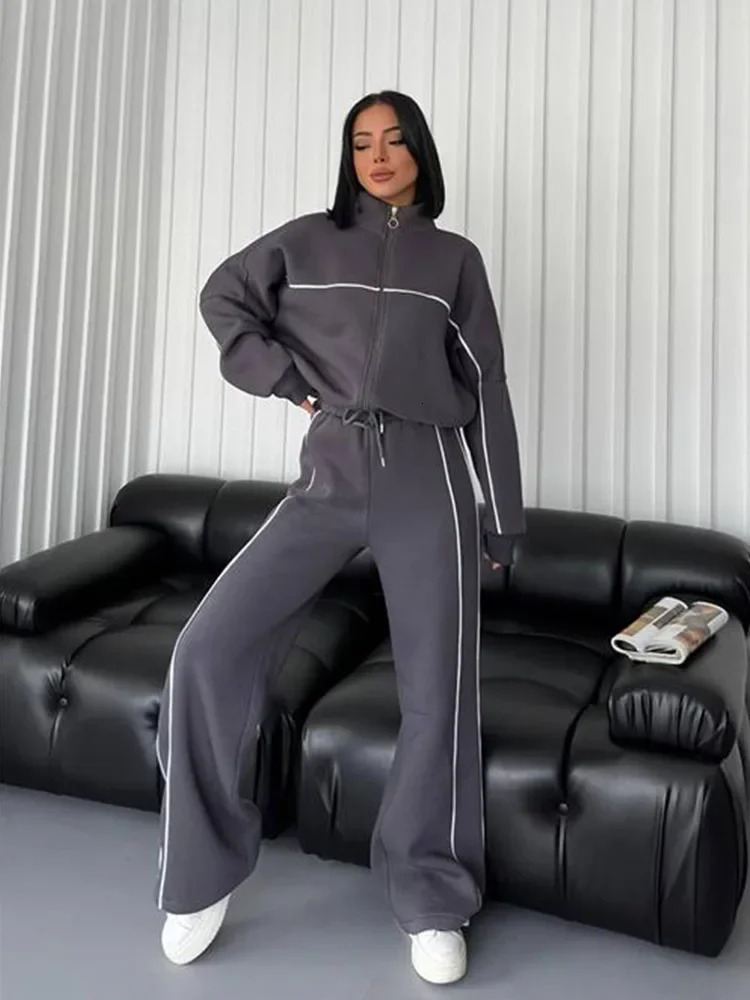 Womens Spring and Autumn Casual Loose Two-piece Set Long-sleeved Stand-up Collar Zipper Hoodie Elastic Waist Wide-leg Pants 250107