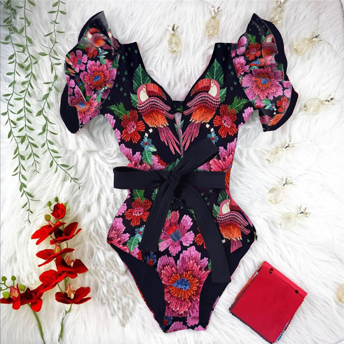 2025 New Print Sexy One Piece Swimsuit Women Swimwear Push Up Monokini Ruffle Swim Bathing Suit Summer Beach Wear Female