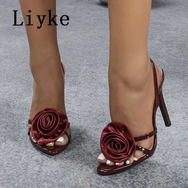 Liyke 2025 Summer Open Toe Slip On Back Strap Sandals Women Fashion Rose Wers Designer High Heels Ladies Party Dress Shoes