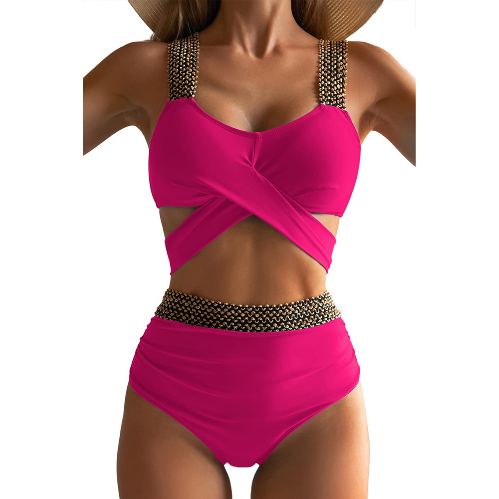 new sexy sequin panel strap paired with solid color cross tie women's bikini swimsuit
