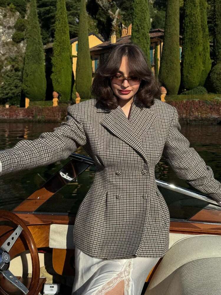 Women Elegant Plaid Print Lapel Slim Fit Wrap Coats Fashion Single Breasted Chic Suit Jacket Lady Charming Daily Streetwear 2024