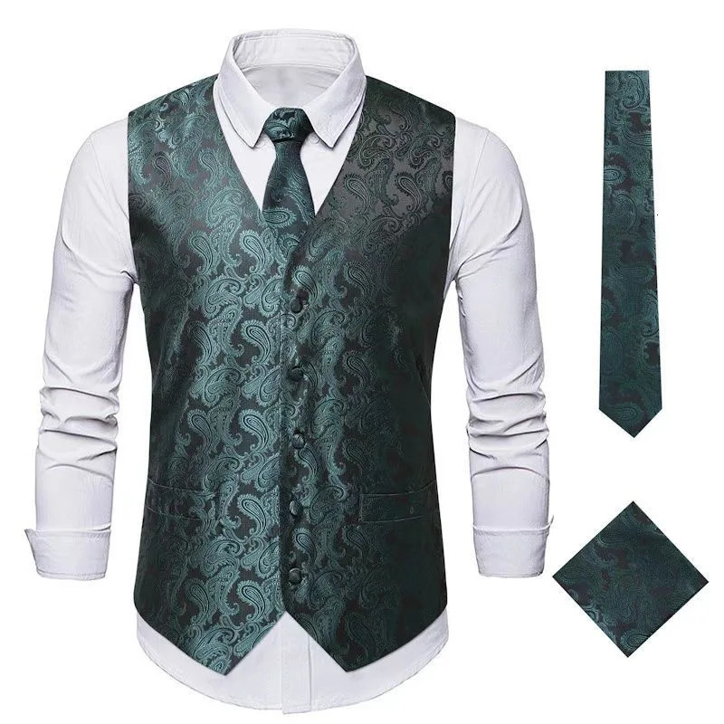 Elegant Mens Paisley Jacquard Vest 3pcs Waistcoat with Tie Pocket Square Set for Male Sleeveless Jacket Wedding Business Party 250114Z
