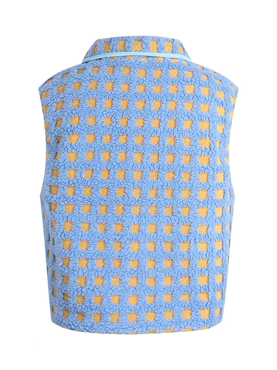 Womens Fuzzy Checkered Vest Sleeveless Stand Collar Zip Up Vest Jacket Winter Warm Outwear 250113