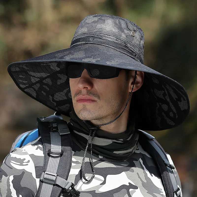 Mens 15CM Brim snake print camouflage Fisherman hat Summer UV Protection Hats Fishing Hiking Hats Mountaineering sun hatXJ250116