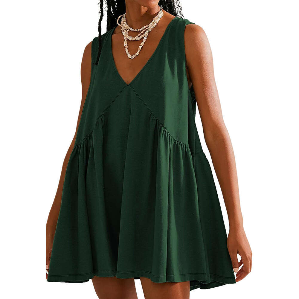 2025 Summer European and American Popular Folding Pocket V-neck Dress Women's New Casual Versatile Fashion Clothing