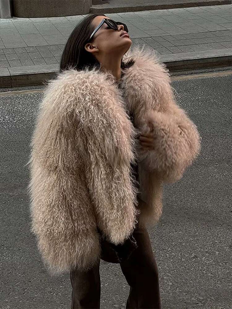 Faux Fur Effect Short Coat Jacket Khaki French Socialite Loose Furry Overcoat Elegant Slimming Outwear Women's Clothing Winter