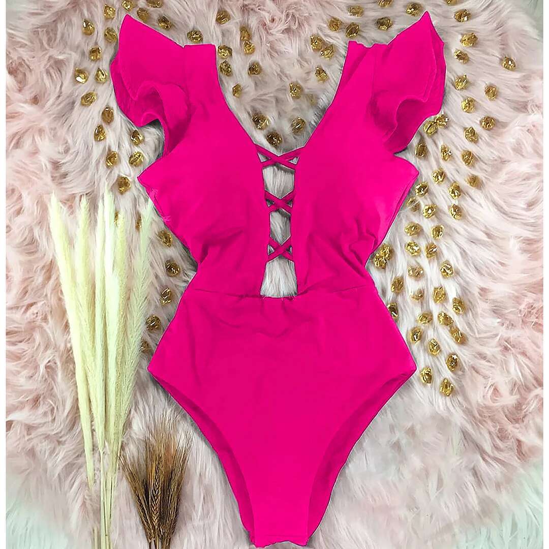 2025 New Ruffle One Piece Swimsuit Solid Red Black Swimwear Women Deep-V Bathing Bodysuit Beach Wear Swim Suit Monokini