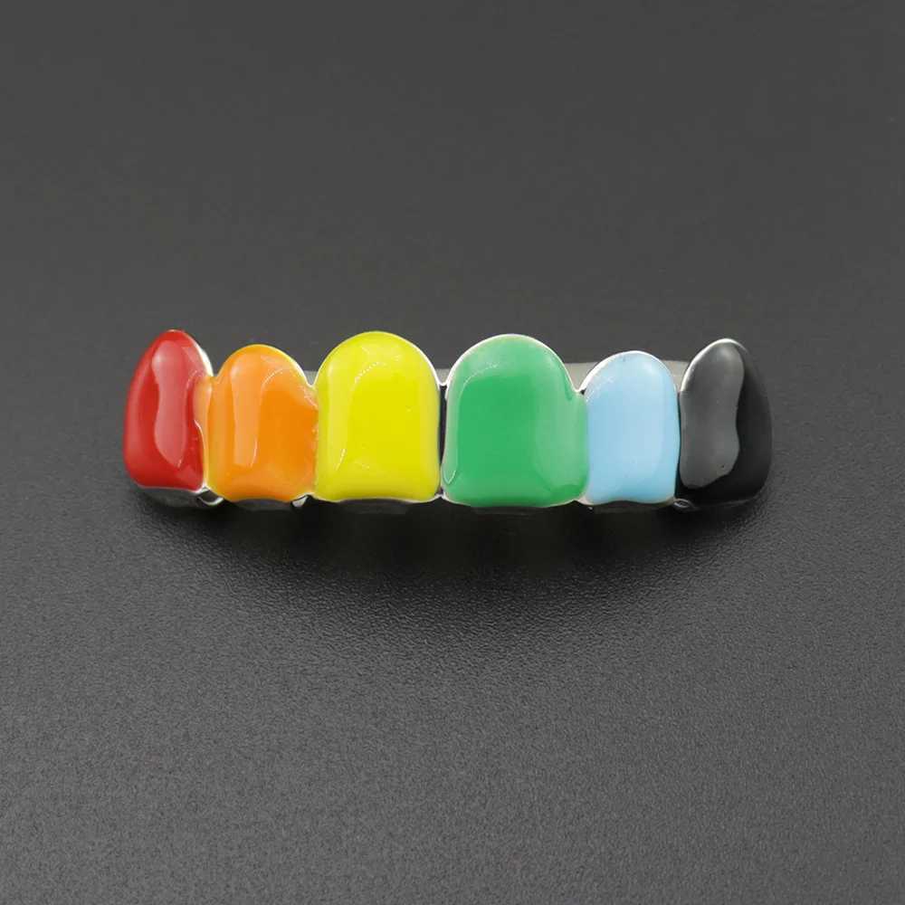 Multi Color Drip Oil CZ Teeth Grillz Caps Cubic Zircon Iced Out MicroTop Bottom Charm Grills For Men Women Hip Hop Jewelry XmasXJ250114