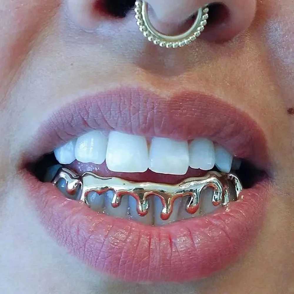 RACHELZ Glossy Water Droplet Teeth Grillz Hip Hop Gold Silver Color Tooth Caps For Women Men Dental Grills Punk JewelryXJ250114