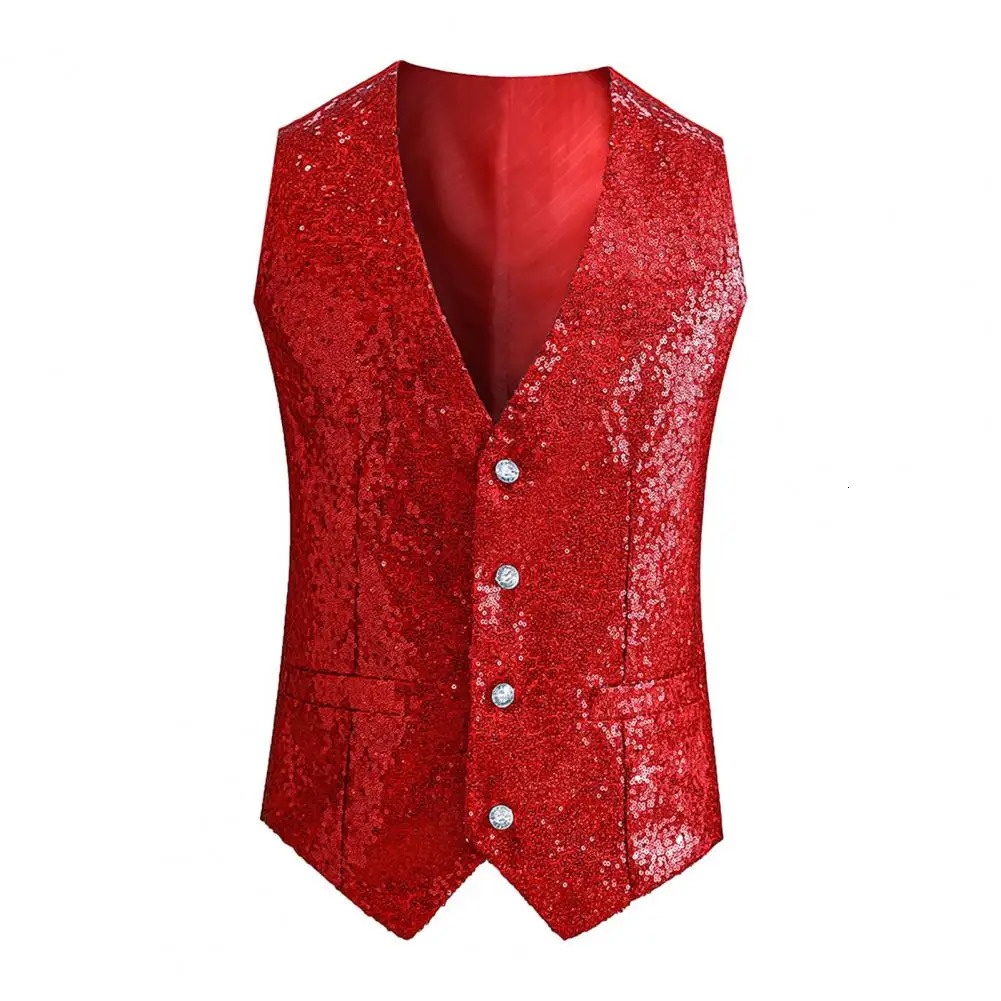 Men Vest Shiny Sequin Sleeveless Slim Fit Cardiagn Singlebreasted V Neck Formal Waistcoat Sequins Decor Suit 250114