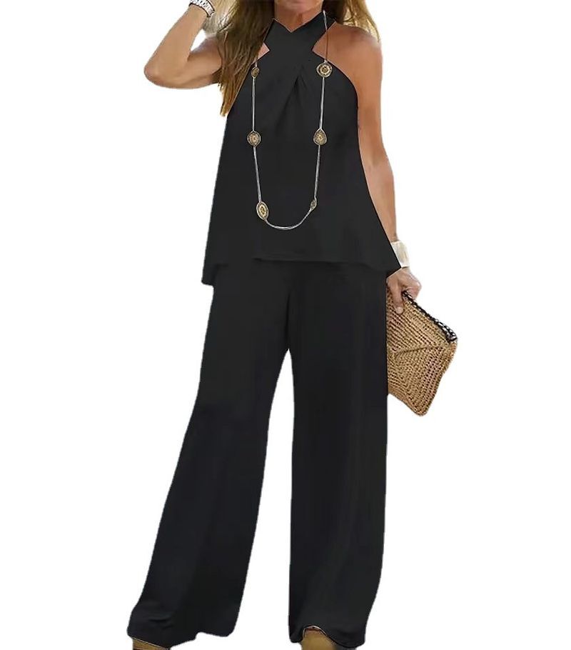 Women's New Fashion Casual Backless Solid Color Sleeveless Wide-Leg Pants Two-Piece Suit
