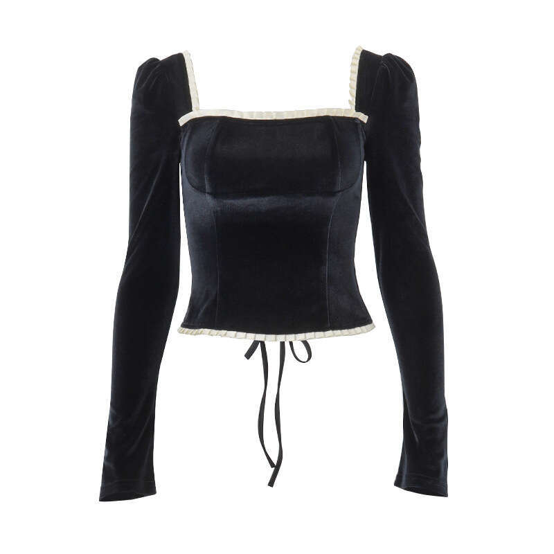 2025 autumn women's sexy temperament square collar plush fungus edge backless strap long sleeved top new casual fashion trend clothing