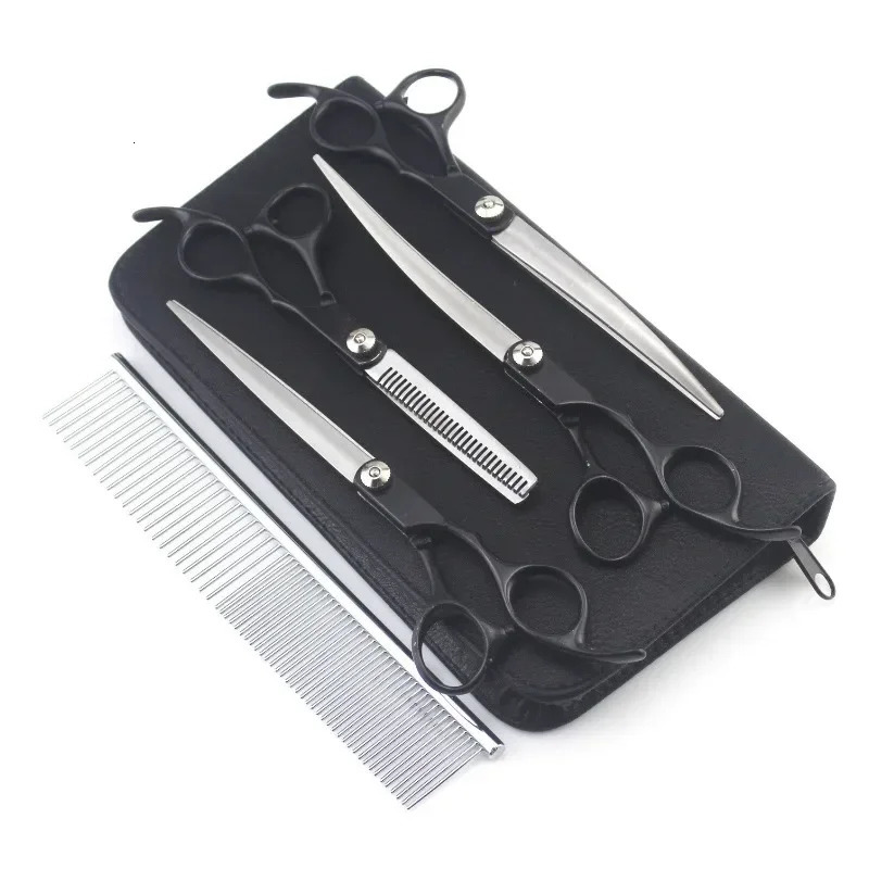 4PCS 7inch Gold Handle Scissors Professional Dog Grooming Hairdressing Shear Set Curved kit pet groomer tools 250108