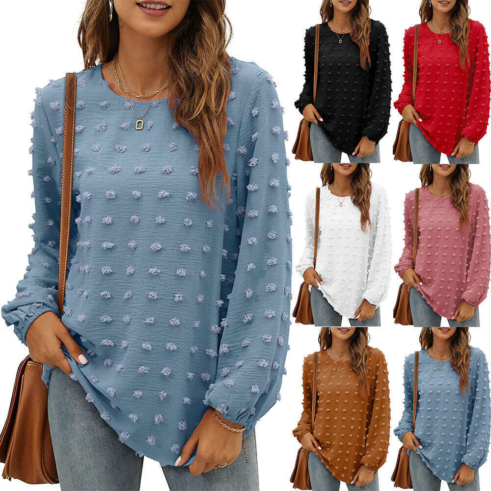 2025 autumn winter popular European and American loose jacquard long sleeved round neck T-shirt top, women's new casual versatile fashion clothin