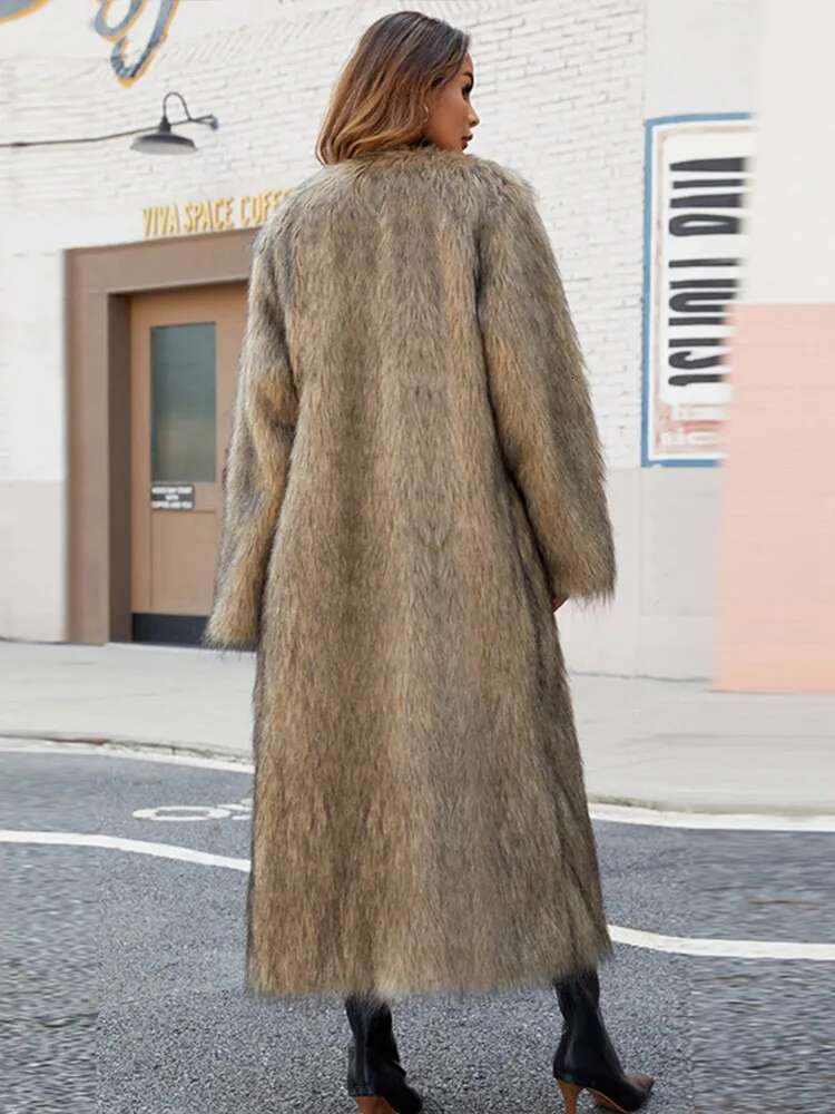 Fluffy Faux Fur Coats Women Vintage Loose V-Neck Long Sleeved Warm Coat Autumn Winter Thickening Chic Lady Outerwear