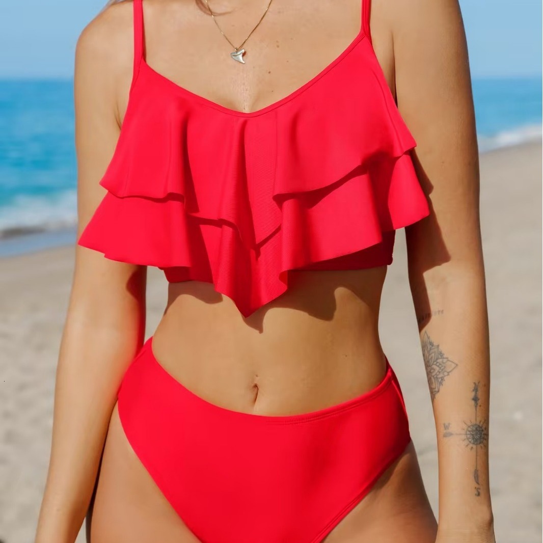 New Sexy Solid Color Double Layer Ruffled Edge Women's Split Swimsuit Bikini
